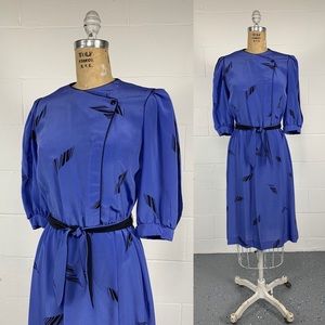 Vintage 80s Blue Black Abstract Print Blouson Shirt Dress New Wave Secretary 4